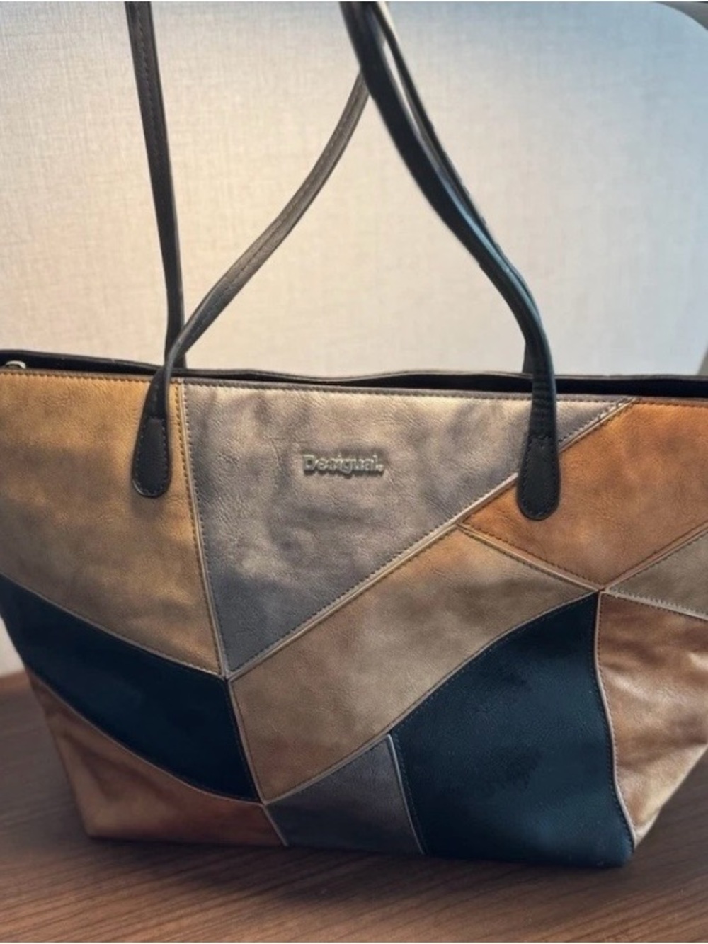 Desigual Patchwork Tote in Black, Brown, Tan and Gray